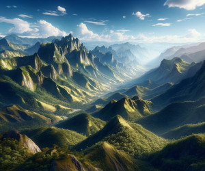 Breathtaking mountain valley landscape at sunrise.