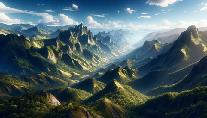 Breathtaking mountain valley landscape at sunrise.