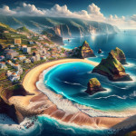 Coastal town with cliffs, beach, and azure waters.