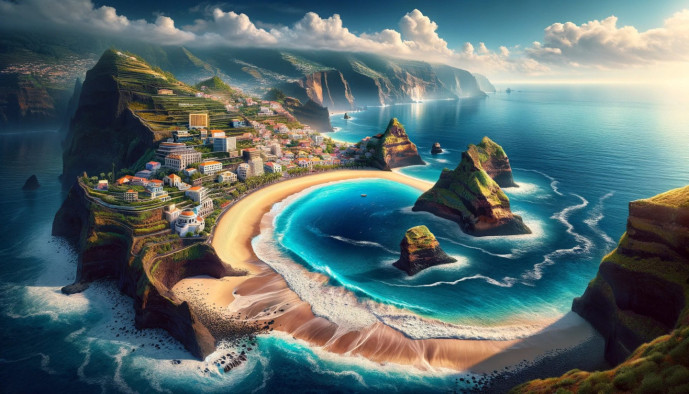 Coastal town with cliffs, beach, and azure waters.