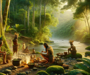 Tribal cooking by river in lush forest at sunrise.