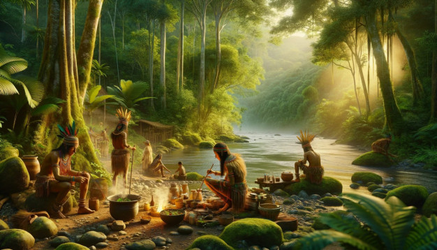Cuisine tribale au bord d'une rivière dans une forêt luxuriante au lever du soleil.