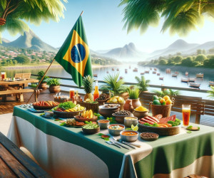 Brazilian buffet with flag overlooking tropical river scene.