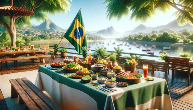 Buffet brésilien avec drapeau surplombant une rivière tropicale.