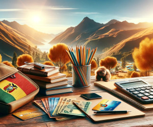 Backpack, books, and calculator with mountain scenery.