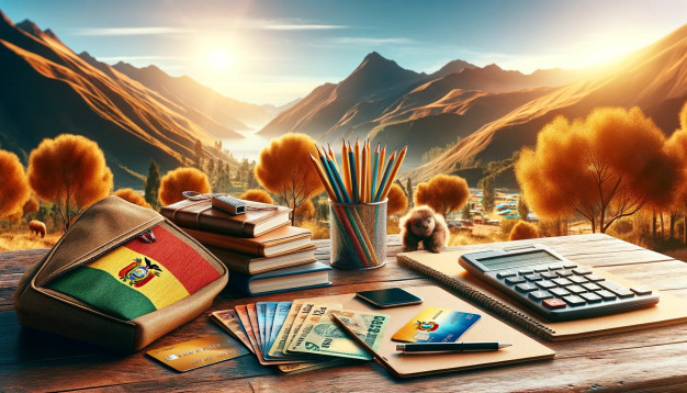 Sac à dos, livres et calculatrice avec paysage de montagne.
