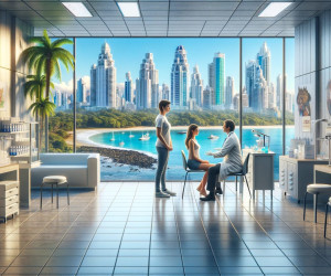 Modern office with city skyline and beach view.