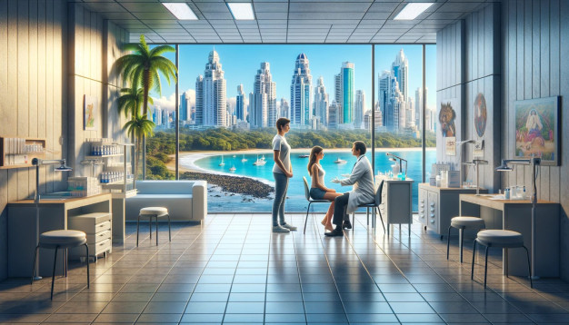 Modern office with city skyline and beach view.