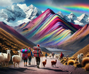 Hikers and llamas near colorful Rainbow Mountain, Peru.