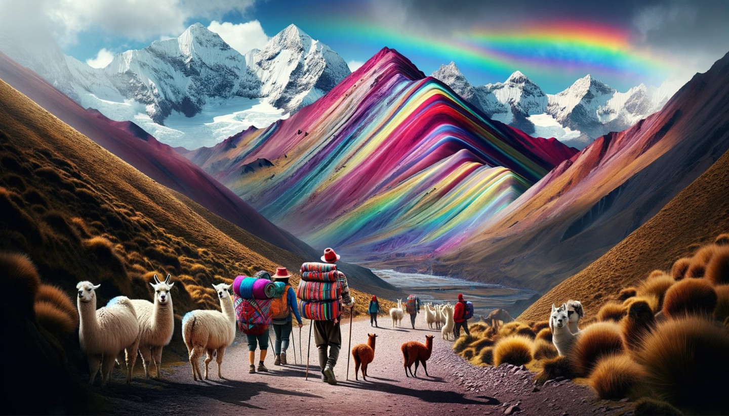 Hikers and llamas near colorful Rainbow Mountain, Peru.