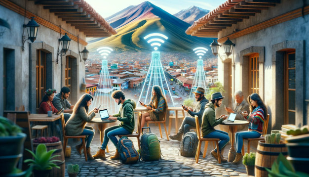 People enjoying outdoor cafe with futuristic WiFi signals.