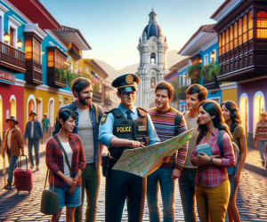 Animated officer assisting tourists with map in colorful street.