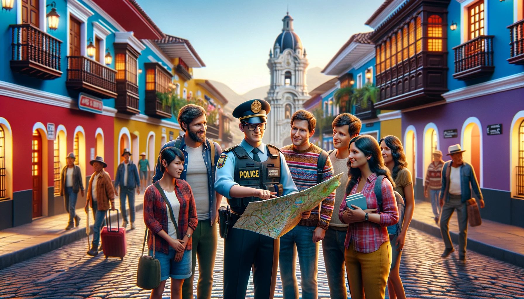 Animated officer assisting tourists with map in colorful street.