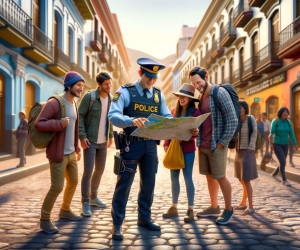 Police officer assisting tourists with map on city street.