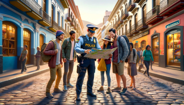 Policier aidant des touristes avec une carte dans une rue de la ville.
