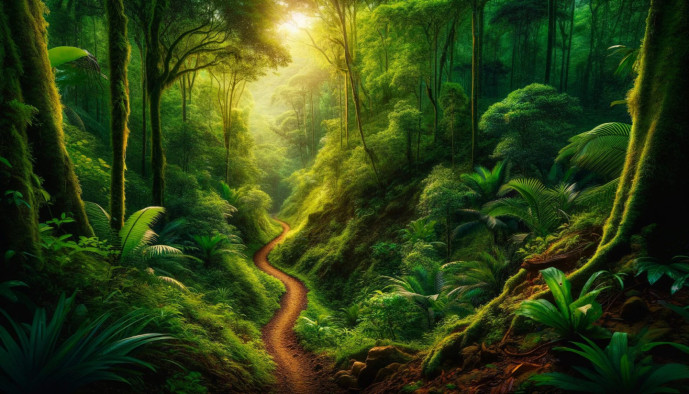 Sentier forestier mystique avec verdure luxuriante et lumière du soleil.
