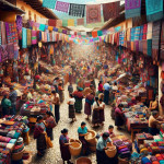Vibrant traditional market scene with colorful textiles.