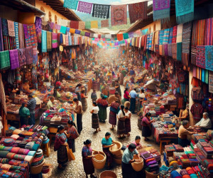 Vibrant traditional market scene with colorful textiles.