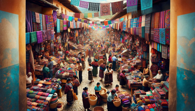 Scène de marché traditionnel animé avec des textiles colorés.
