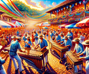 Colorful street festival with music and dancing.