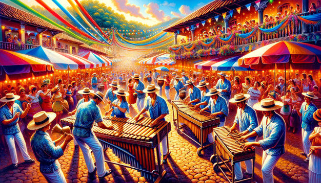 Festival de rue coloré avec musique et danse.