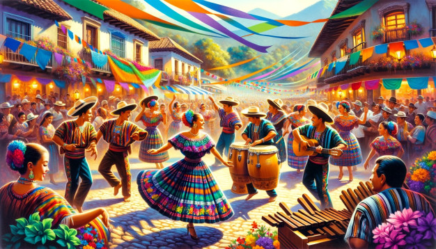Festival traditionnel coloré avec danse et musique.