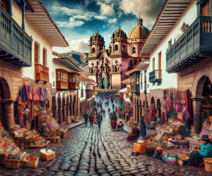 Colorful market street in Cusco with cathedral view.