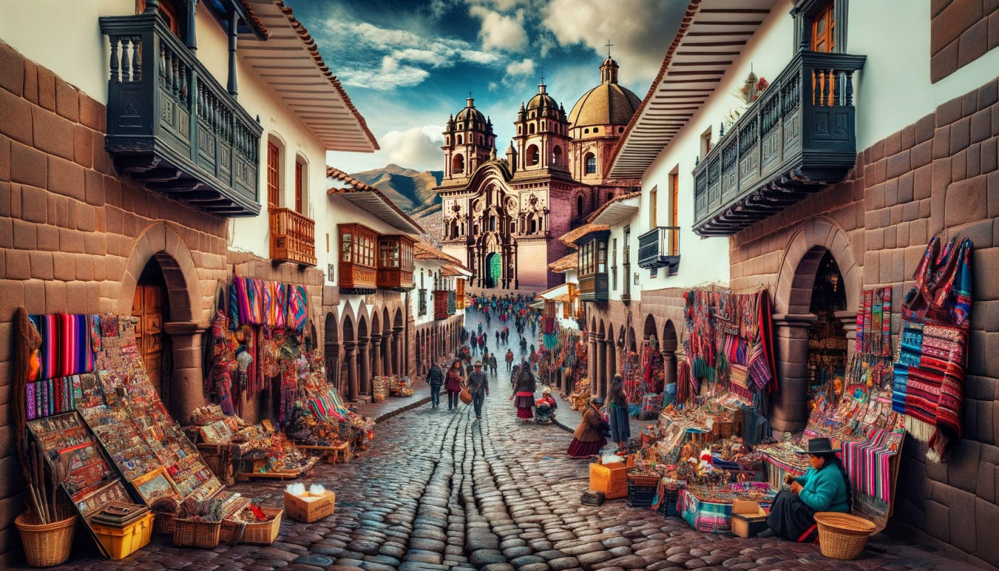 Colorful market street in Cusco with cathedral view.