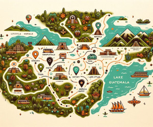 Illustrated map of Lake Atitlan, Guatemala with landmarks.