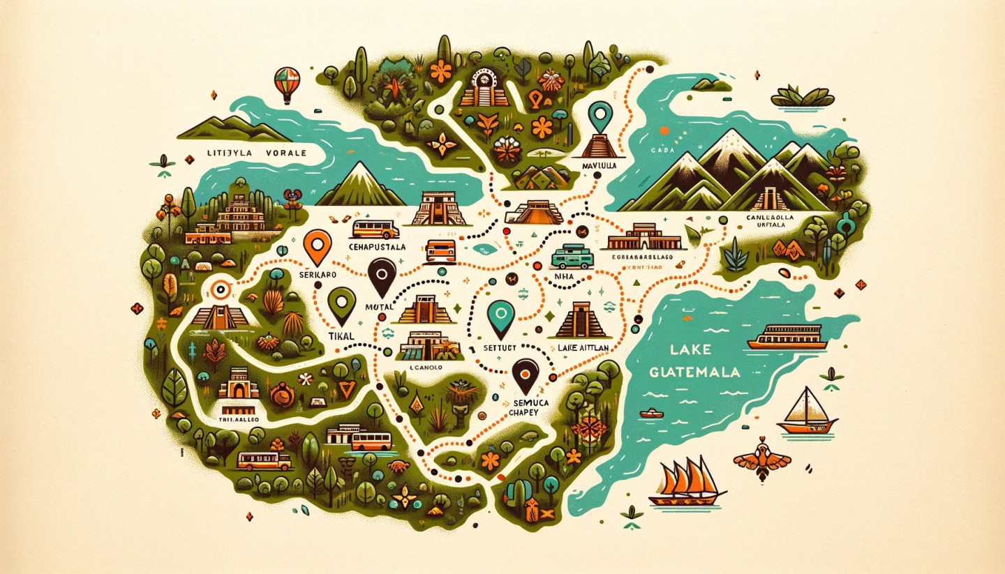 Illustrated map of Lake Atitlan, Guatemala with landmarks.