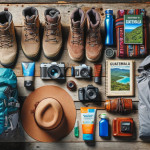 Hiking gear and accessories laid out on wooden background.