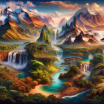 Fantasy landscape with waterfalls, mountains, and colorful trees.