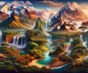 Fantasy landscape with waterfalls, mountains, and colorful trees.