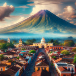 Colonial town with volcano in the background.