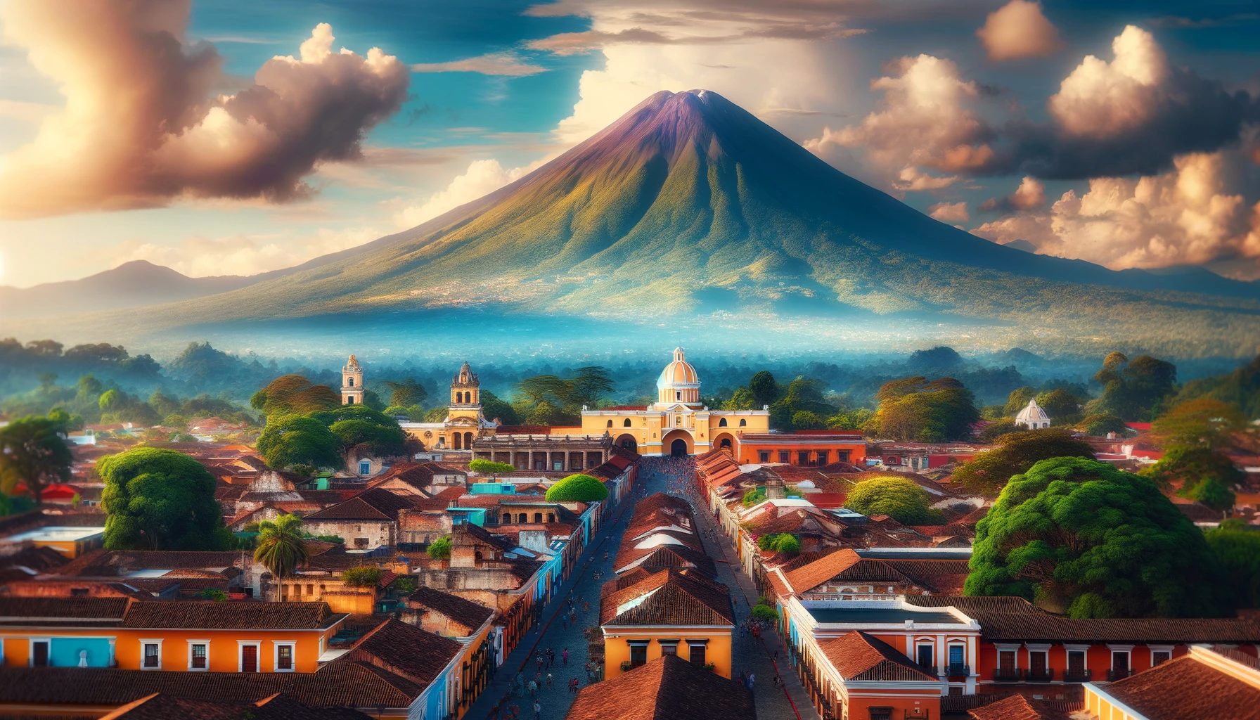 Colonial town with volcano in the background.