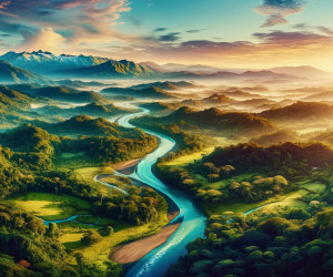 Sunrise over misty mountainous landscape with winding river.