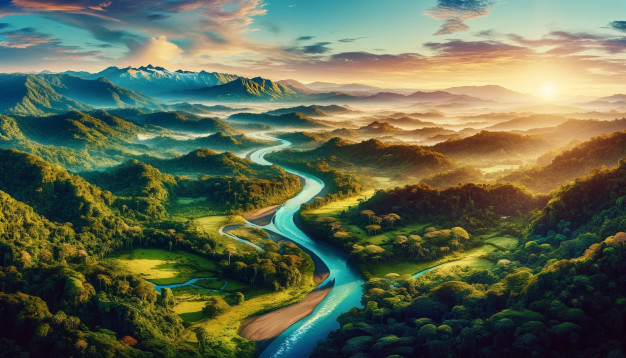 Sunrise over misty mountainous landscape with winding river.