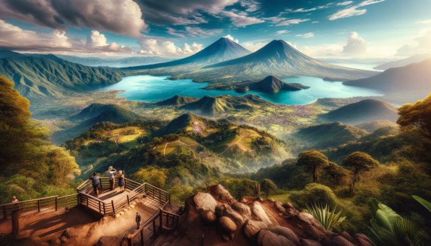 Vue panoramique des volcans jumeaux et du lac depuis le point de vue