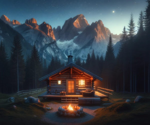 Cozy mountain cabin at dusk with lit campfire.