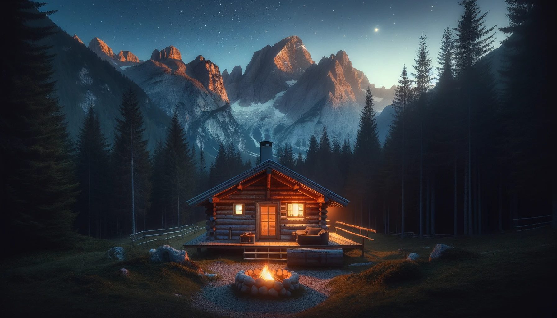 Cozy mountain cabin at dusk with lit campfire.