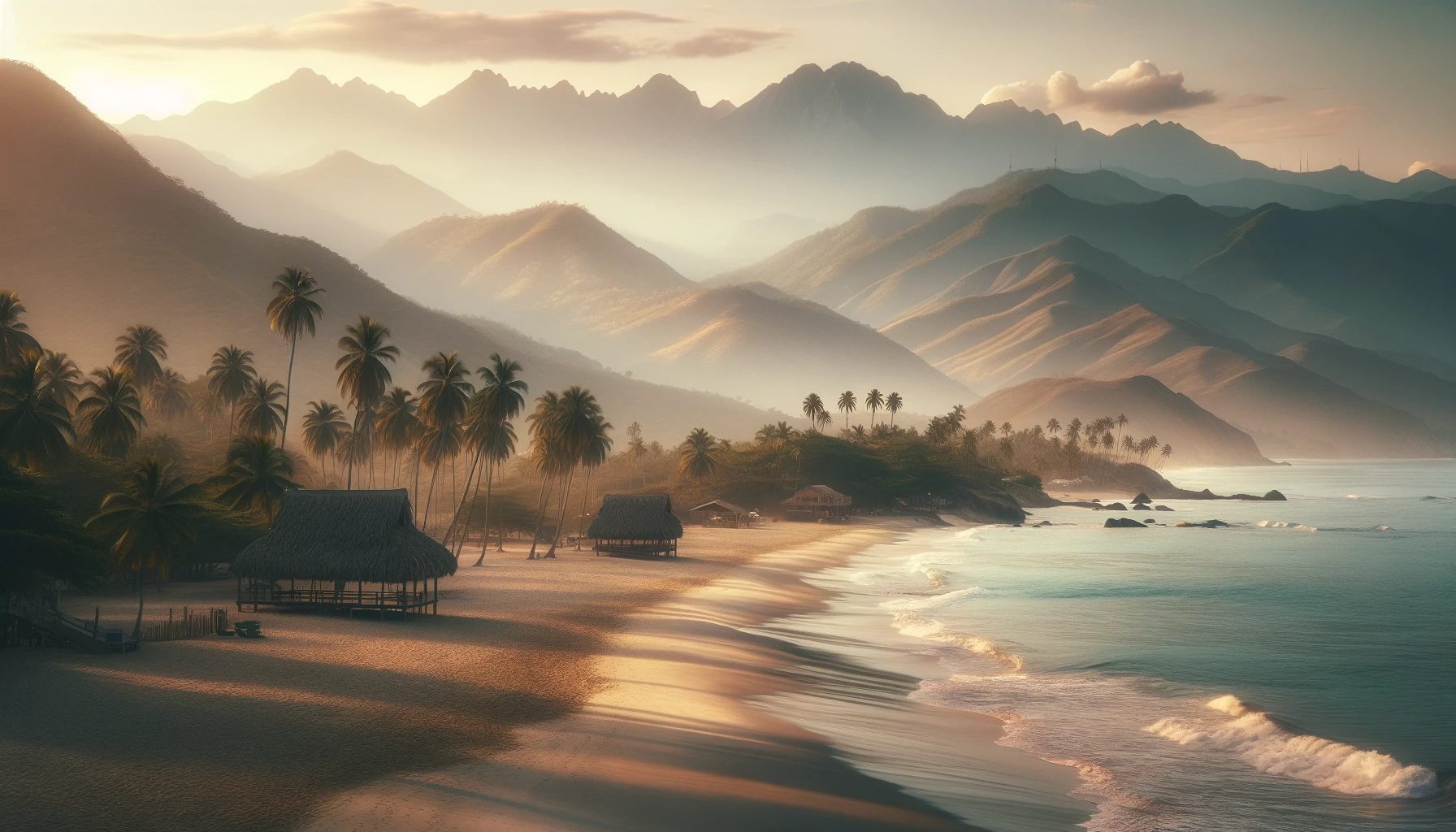 Coucher de soleil sur une plage tropicale avec des montagnes et des palmiers.