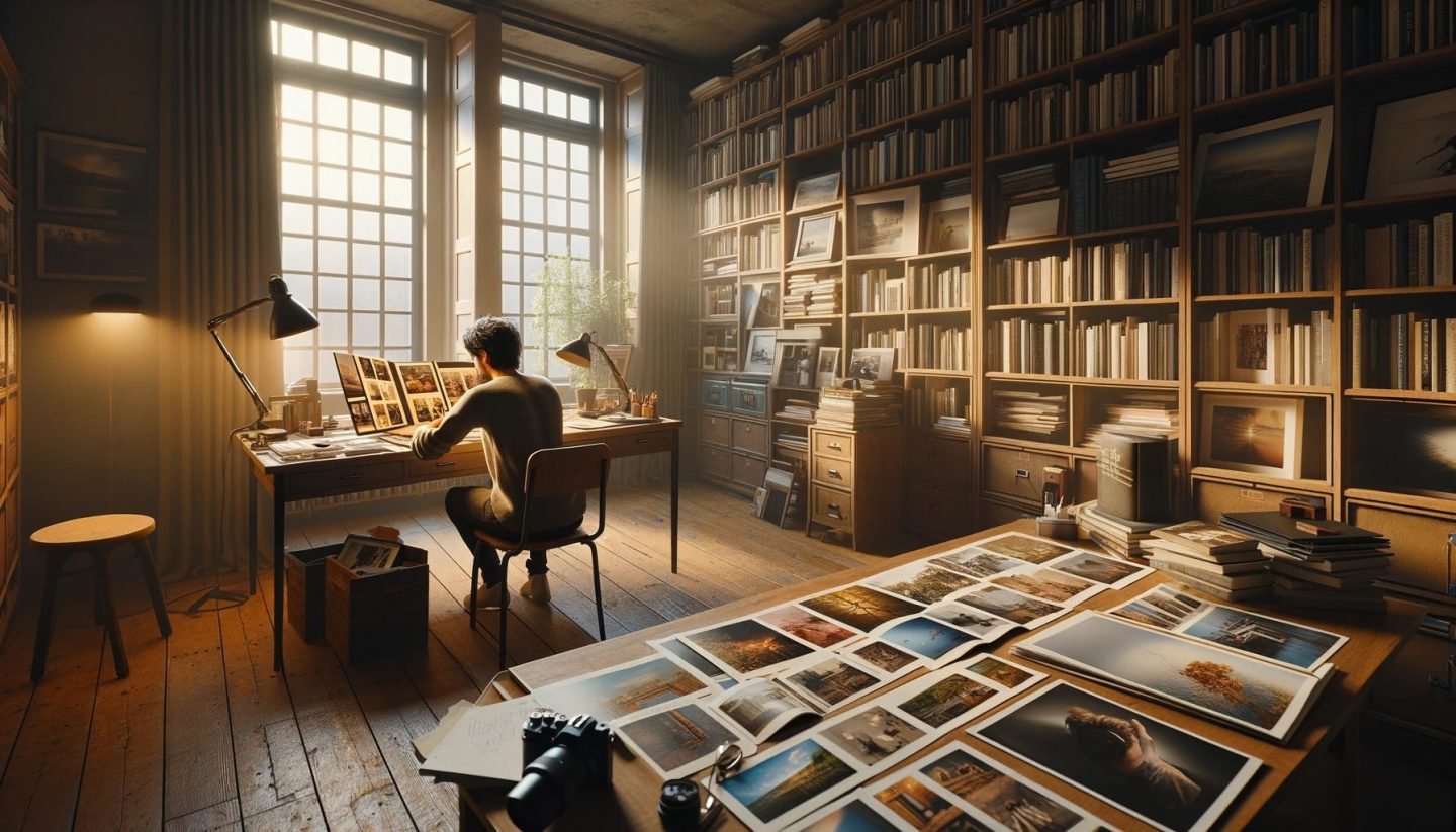 Person analyzing photos in a sunlit home library.