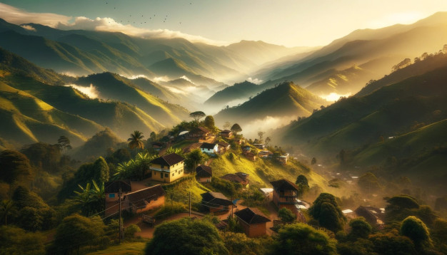 Misty mountain village at sunrise with lush greenery.