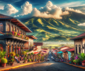 Colorful town street, mountain backdrop, sunset clouds.