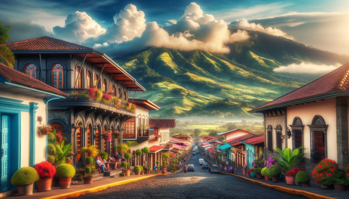 Colorful town street, mountain backdrop, sunset clouds.