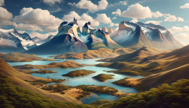Paysage de montagne avec lacs et nuages