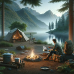 Peaceful camping scene by mountain lake at dawn.