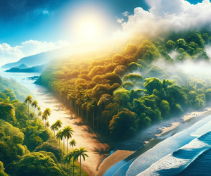 Sunrise over tropical beach and lush forest.