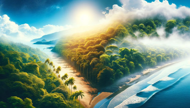 Sunrise over tropical beach and lush forest.