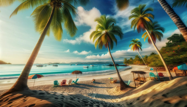 Tropical beach with palm trees and colorful chairs at sunset.